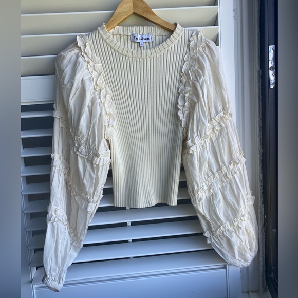 En Saison Lucille Mixed Media Ruffle Poplin Sleeve Blouse - Picture 6 of 16